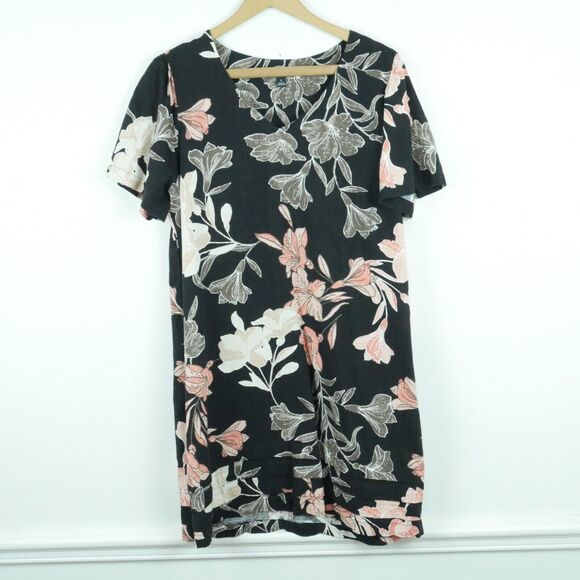 Nicole Miller Large Dress 100% Linen Relaxed Popover Beachy Dark Floral Ruffle - Picture 1 of 7